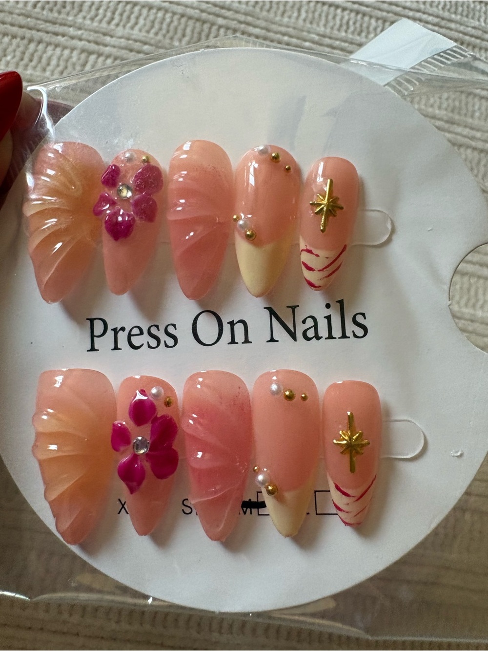 3D Peach Press-On Nail Set with Pink Floral Accents Size Medium